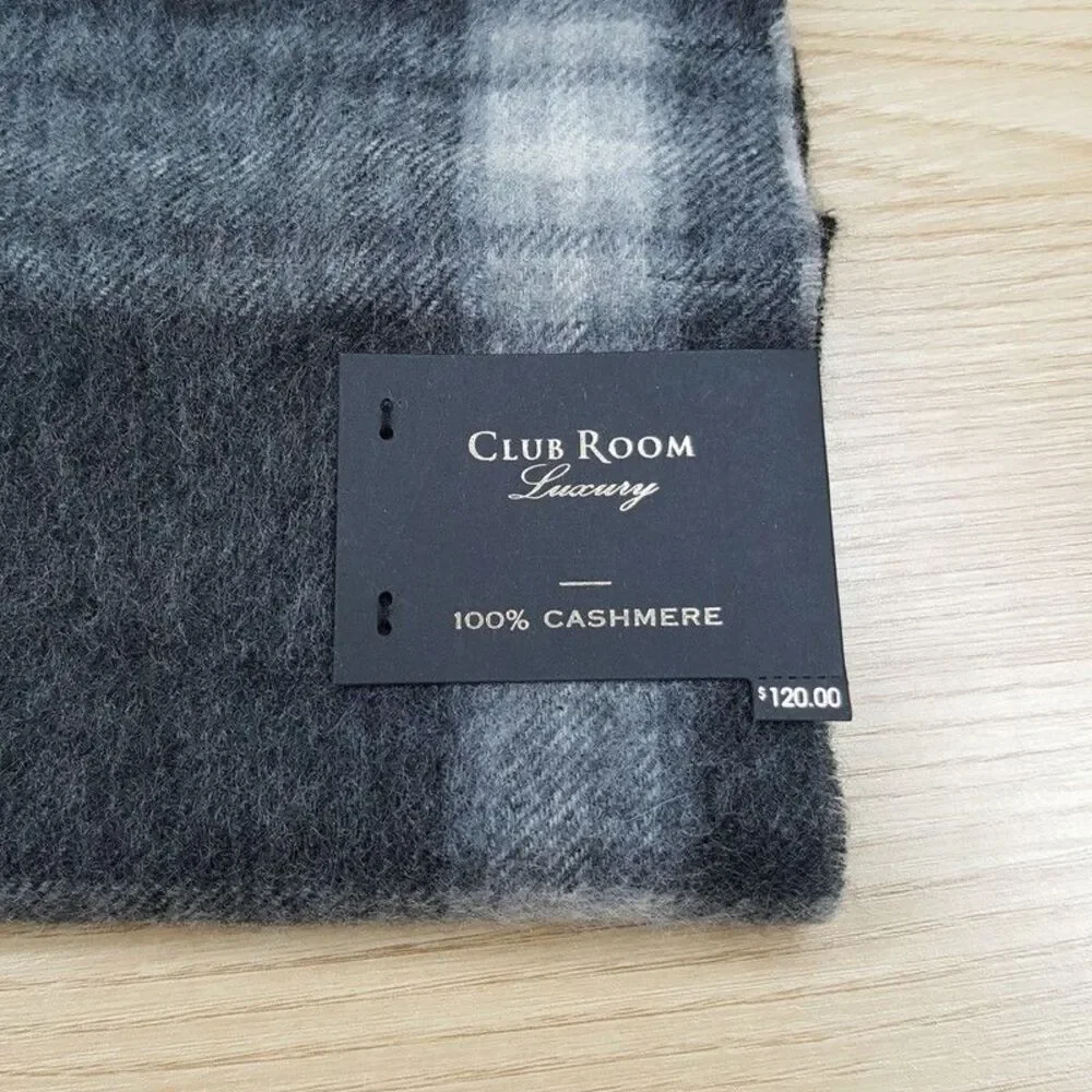 CLUB ROOM Mens Scarf Black Gray Plaid 100% Cashmere Fringe Rectangle 64x12